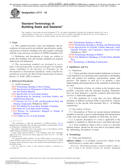 ASTM C717-2018 建筑物密封裝置及密封材料術(shù)語(yǔ) Standard Terminology of Building Seals and Sealants