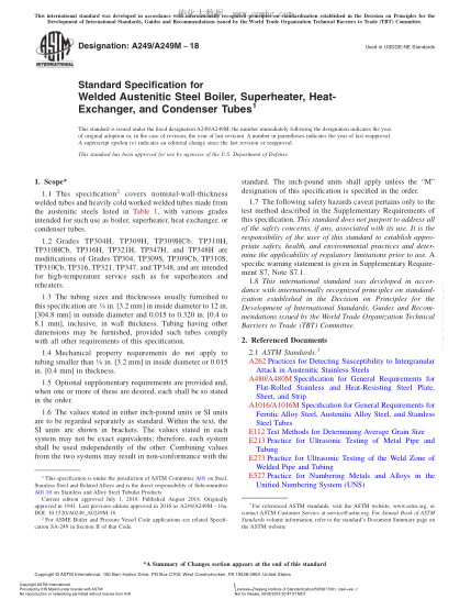 ASTM A249/A249M-2018 Standard Specification for Welded Austenitic Steel Boiler, Superheater, Heat-Exchanger, and Condenser Tubes