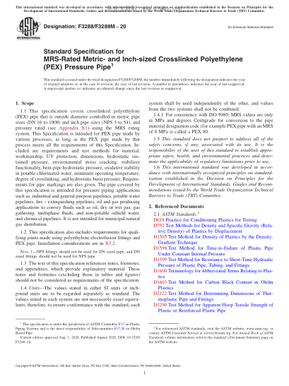 ASTM F3288/F3288M-2020 Standard Specification for MRS-Rated Metric- and Inch-sized Crosslinked Polyethylene (PEX) Pressure Pipe