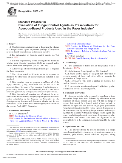 ASTM E875-2020 Standard Practice for Evaluation of Fungal Control Agents as Preservatives for Aqueous-Based Products Used in the Paper Industry