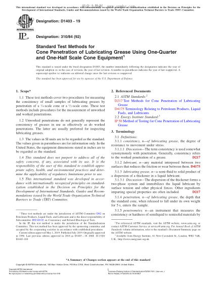 ASTM D1403-2019 Standard Test Methods for Cone Penetration of Lubricating Grease Using One-Quarter and One-Half Scale Cone Equipment