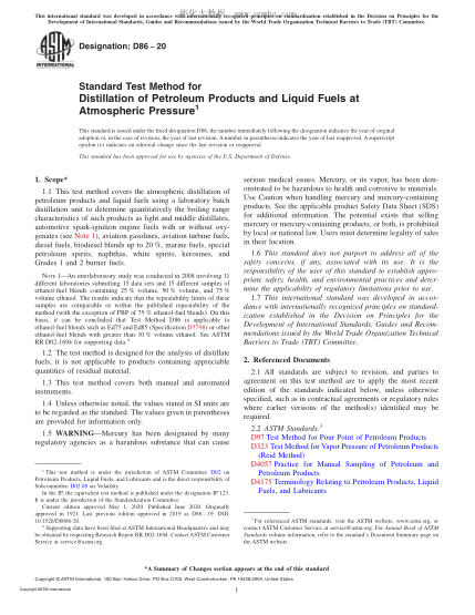 ASTM D86-2020 Standard Test Method for Distillation of Petroleum Products and Liquid Fuels at Atmospheric Pressure