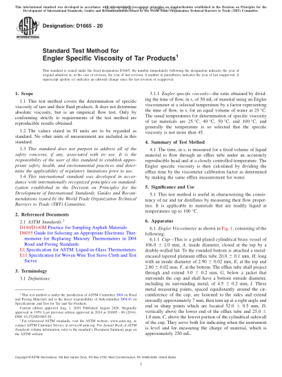 ASTM D1665-2020 Standard Test Method for Engler Specific Viscosity of Tar Products