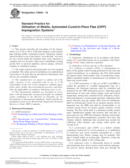 ASTM F2994-2018 Standard Practice for Utilization of Mobile,Automated Cured-In-Place Pipe (CIPP) Impregnation Systems