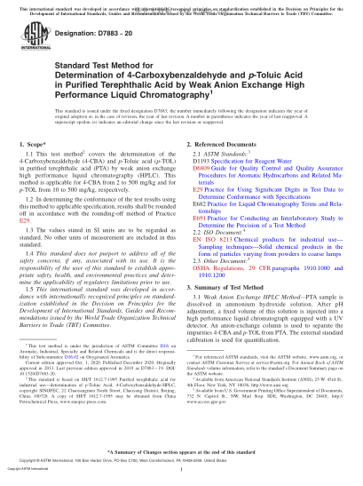 ASTM D7883-2020 Standard Test Method for Determination of 4-Carboxybenzaldehyde and p-Toluic Acid in Purified Terephthalic Acid by Weak Anion Exchange High Performance Liquid Chromatography