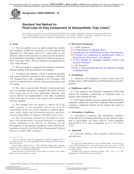 ASTM D5891/D5891M-2019 Standard Test Method for Fluid Loss of Clay Component of Geosynthetic Clay Liners