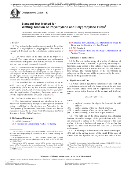 ASTM D2578-2017 聚乙烯和聚丙烯薄膜潤濕張力試驗方法 Standard Test Method for Wetting Tension of Polyethylene and Polypropylene Films