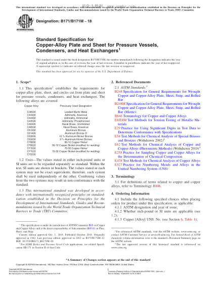 ASTM B171/B171M-2018 Standard Specification for Copper-Alloy Plate and Sheet for Pressure Vessels, Condensers, and Heat Exchangers