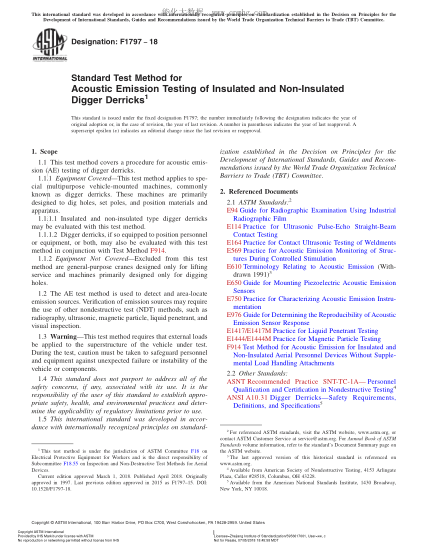ASTM F1797-2018 絕緣和非絕緣挖掘機吊桿聲發(fā)射測試方法 Standard Test Method for Acoustic Emission Testing of Insulated and Non-Insulated Digger Derricks