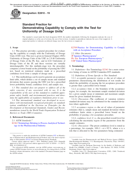 ASTM E2810-2019 Standard Practice for Demonstrating Capability to Comply with the Test for Uniformity of Dosage Units