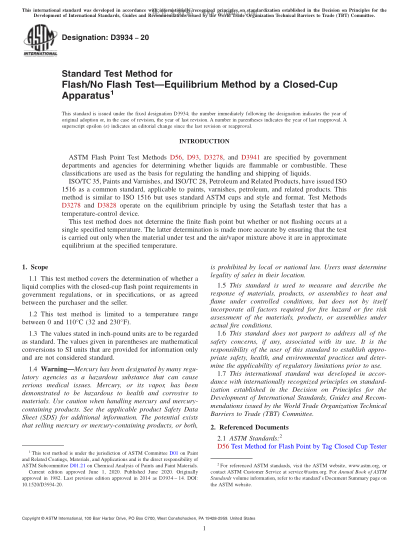 ASTM D3934-2020 Standard Test Method for Flash/No Flash Test—Equilibrium Method by a Closed-Cup Apparatus