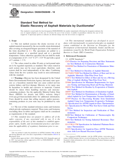 ASTM D6084/D6084M-2018 Standard Test Method for Elastic Recovery of Asphalt Materials by Ductilometer