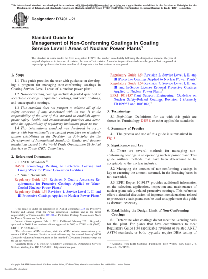 ASTM D7491-2021 Standard Guide for Management of Non-Conforming Coatings in Coating Service Level I Areas of Nuclear Power Plants