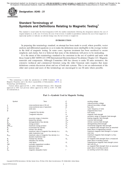ASTM A340-2021 Standard Terminology of Symbols and Definitions Relating to Magnetic Testing