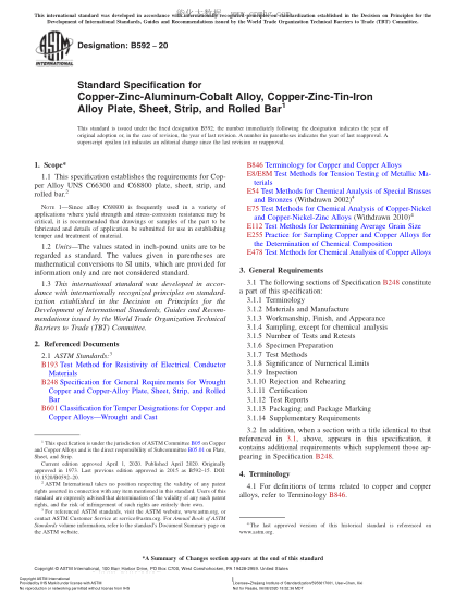 ASTM B592-2020 Standard Specification for Copper-Zinc-Aluminum-Cobalt Alloy, Copper-Zinc-Tin-Iron Alloy Plate, Sheet, Strip, and Rolled Bar