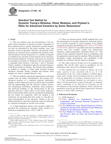 ASTM C1198-2020 Standard Test Method for Dynamic Young’s Modulus, Shear Modulus, and Poisson’s Ratio for Advanced Ceramics by Sonic Resonance