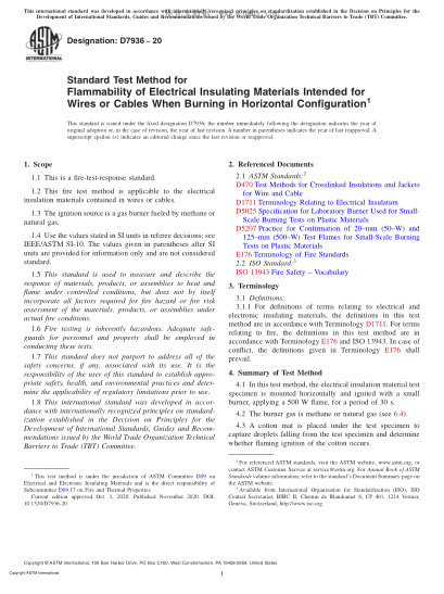 ASTM D7936-2020 Standard Test Method for Flammability of Electrical Insulating Materials Intended for Wires or Cables When Burning in Horizontal Configuration