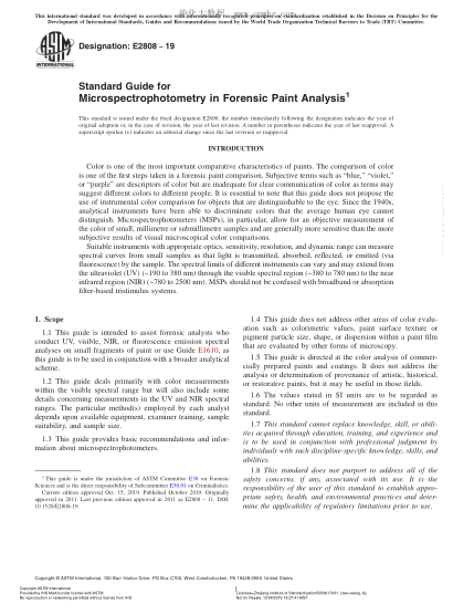ASTM E2808-2019 Standard Guide for Microspectrophotometry in Forensic Paint Analysis