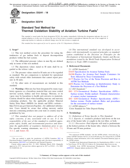 ASTM D3241-2018 航空渦輪機燃料熱氧化穩定性試驗方法 Standard Test Method for Thermal Oxidation Stability of Aviation Turbine Fuels