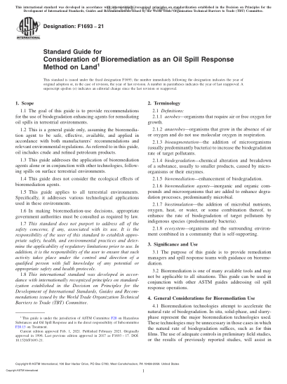 ASTM F1693-2021 Standard Guide for Consideration of Bioremediation as an Oil Spill Response Method on Land
