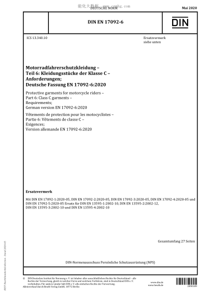 DIN EN 17092-6-2020 Protective garments for motorcycle riders - Part 6: Class C garments - Requirements; German version EN 17092-6:2020