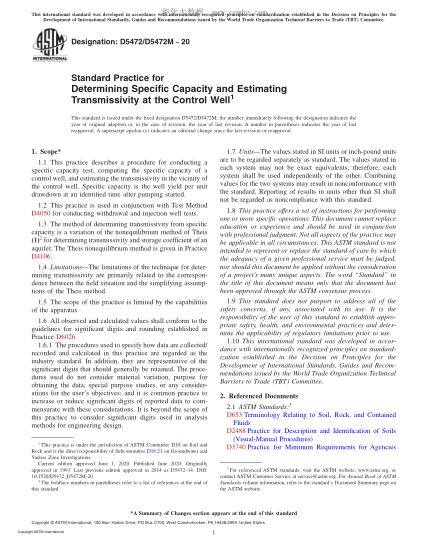 ASTM D5472/D5472M-2020 Standard Practice for Determining Specific Capacity and Estimating Transmissivity at the Control Well