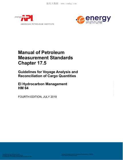 API MPMS 17.5-2019 Manual of Petroleum Measurement Standards Chapter 17.5 - Guidelines for Voyage Analysis and Reconciliation of Cargo Quantities - El Hydrocarbon Management HM 64 (FOURTH EDITION)
