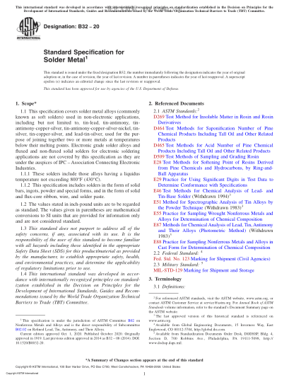 ASTM B32-2020 Standard Specification for Solder Metal
