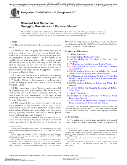 ASTM D3939/D3939M-2013(2017) 織物抗鉤絲性能試驗方法(釘頭) Standard Test Method for Snagging Resistance of Fabrics (Mace)
