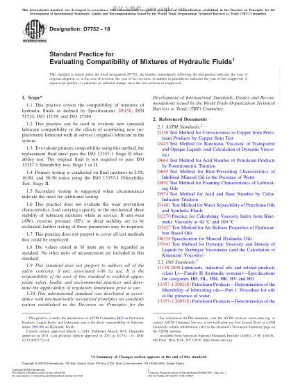 ASTM D7752-2018 液壓液混合物相容性評定規程 Standard Practice for Evaluating Compatibility of Mixtures of Hydraulic Fluids