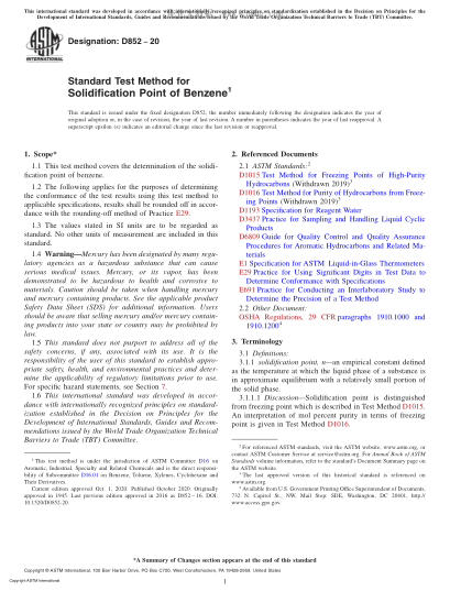 ASTM D852-2020 Standard Test Method for Solidification Point of Benzene