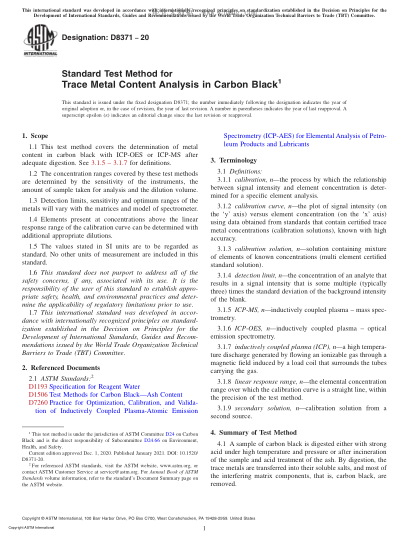 ASTM D8371-2020 Standard Test Method for Trace Metal Content Analysis in Carbon Black