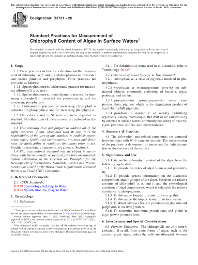ASTM D3731-2020 Standard Practices for Measurement of Chlorophyll Content of Algae in Surface Waters
