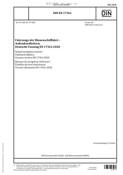 DIN EN 17361-2020 Inland navigation vessels - Outboard ladders; German version EN 17361:2020