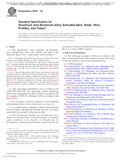 ASTM B221-2020 Standard Specification for Aluminum and Aluminum-Alloy Extruded Bars, Rods, Wire, Profiles, and Tubes