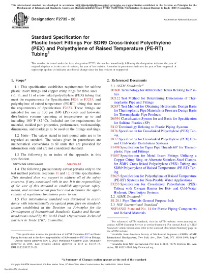 ASTM F2735-2020 Standard Specification for Plastic Insert Fittings For SDR9 Cross-linked Polyethylene (PEX) and Polyethylene of Raised Temperature (PE-RT) Tubing