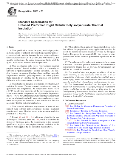 ASTM C591-2020 Standard Specification for Unfaced Preformed Rigid Cellular Polyisocyanurate Thermal Insulation
