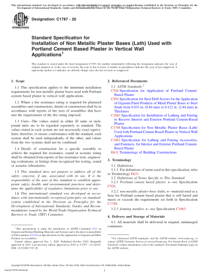 ASTM C1787-2020 Standard Specification for Installation of Non Metallic Plaster Bases (Lath) Used with Portland Cement Based Plaster in Vertical Wall Applications