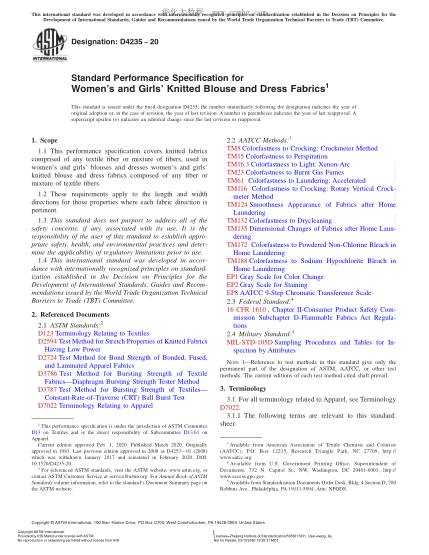 ASTM D4235-2020 Standard Performance Specification for Women's and Girls' Knitted Blouse and Dress Fabrics