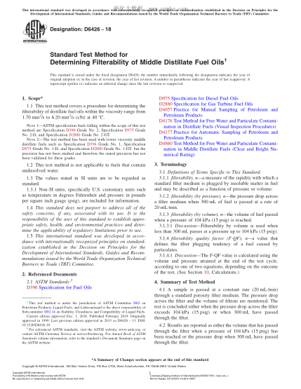 ASTM D6426-2018 中間餾份燃料油過(guò)濾性測定方法 Standard Test Method for Determining Filterability of Middle Distillate Fuel Oils