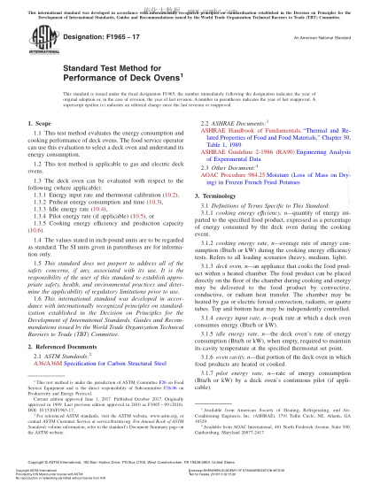 ASTM F1965-2017 柜式烤箱性能試驗方法 Standard Test Method for Performance of Deck Ovens