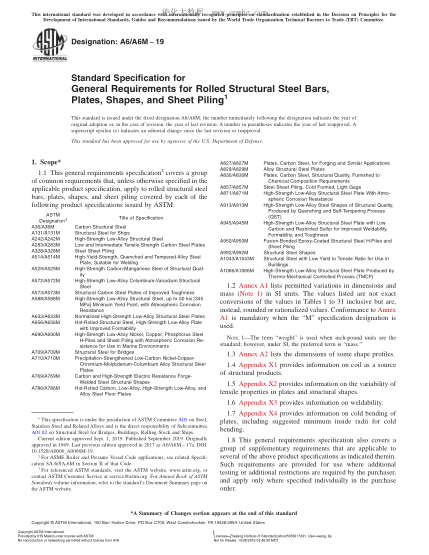 ASTM A6/A6M-2019 軋制結構鋼棒材、中厚板、型材和打板樁一般要求規格 Standard Specification for General Requirements for Rolled Structural Steel Bars, Plates, Shapes, and Sheet Piling