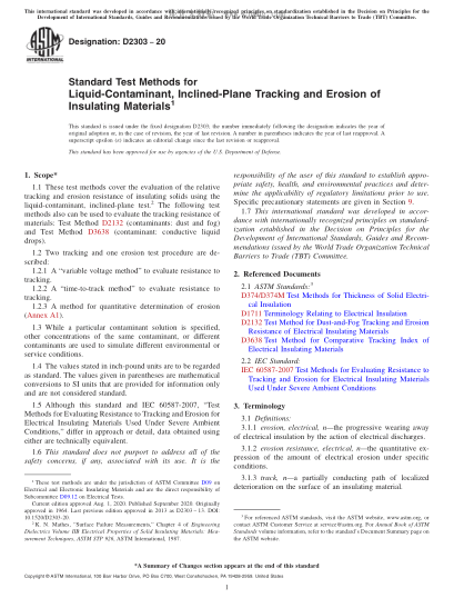 ASTM D2303-2020 Standard Test Methods for Liquid-Contaminant, Inclined-Plane Tracking and Erosion of Insulating Materials