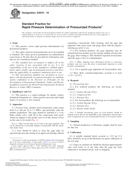 ASTM D3070-2018 Standard Practice for Rapid Pressure Determination of Pressurized Products