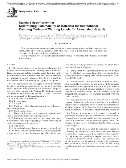 ASTM F3431-2020 Standard Specification for Determining Flammability of Materials for Recreational Camping Tents and Warning Labels for Associated Hazards