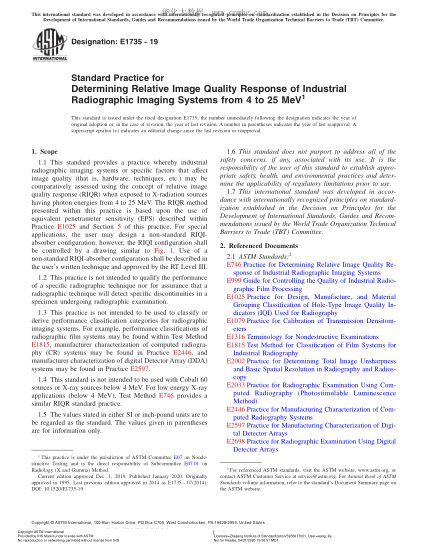 ASTM E1735-2019 Standard Practice for Determining Relative Image Quality Response of Industrial Radiographic Imaging Systems from 4 to 25 MeV
