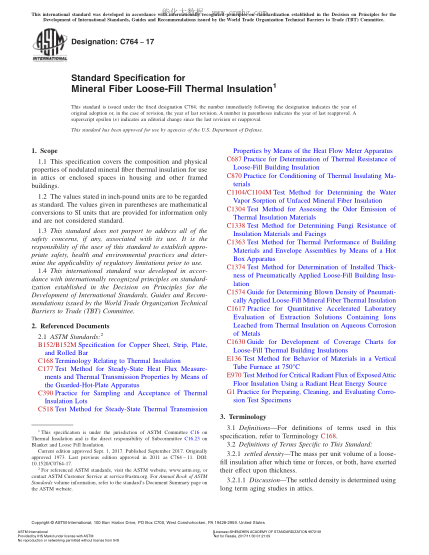 ASTM C764-2017 礦物纖維松散充填隔熱材料規格 Standard Specification for Mineral Fiber Loose-Fill Thermal Insulation