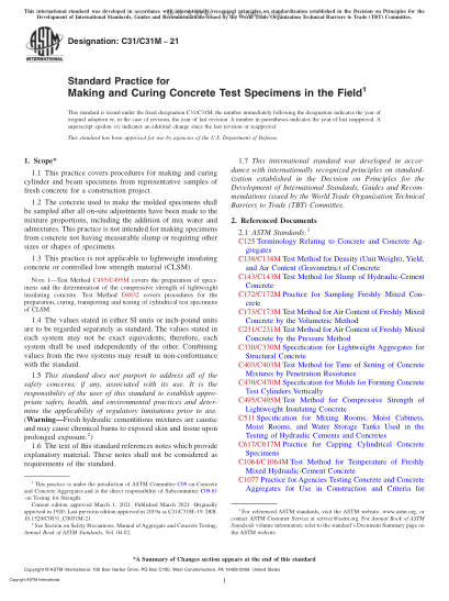 ASTM C31/C31M-2021 Standard Practice for Making and Curing Concrete Test Specimens in the Field