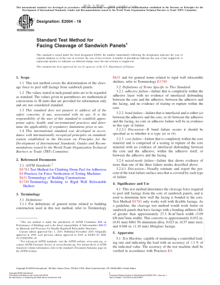ASTM E2004-2018 Standard Test Method for Facing Cleavage of Sandwich Panels