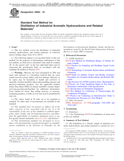ASTM D850-2018 Standard Test Method for Distillation of Industrial Aromatic Hydrocarbons and Related Materials
